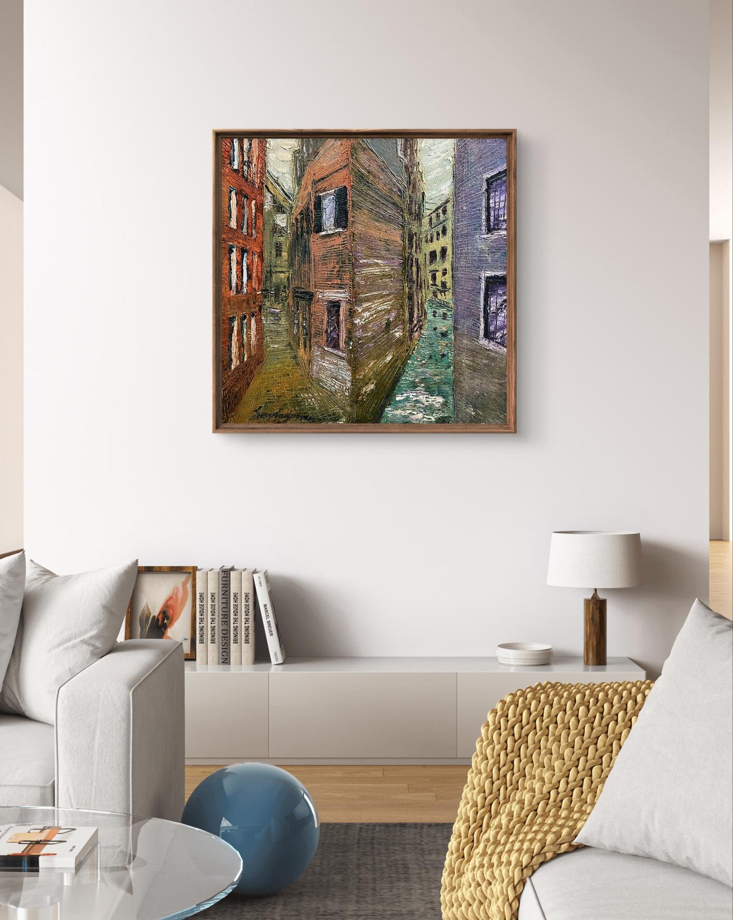 Oil painting of narrow alleyway by Serhiy Kovalev in wooden frame