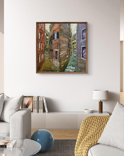 Oil painting of narrow alleyway by Serhiy Kovalev in wooden frame