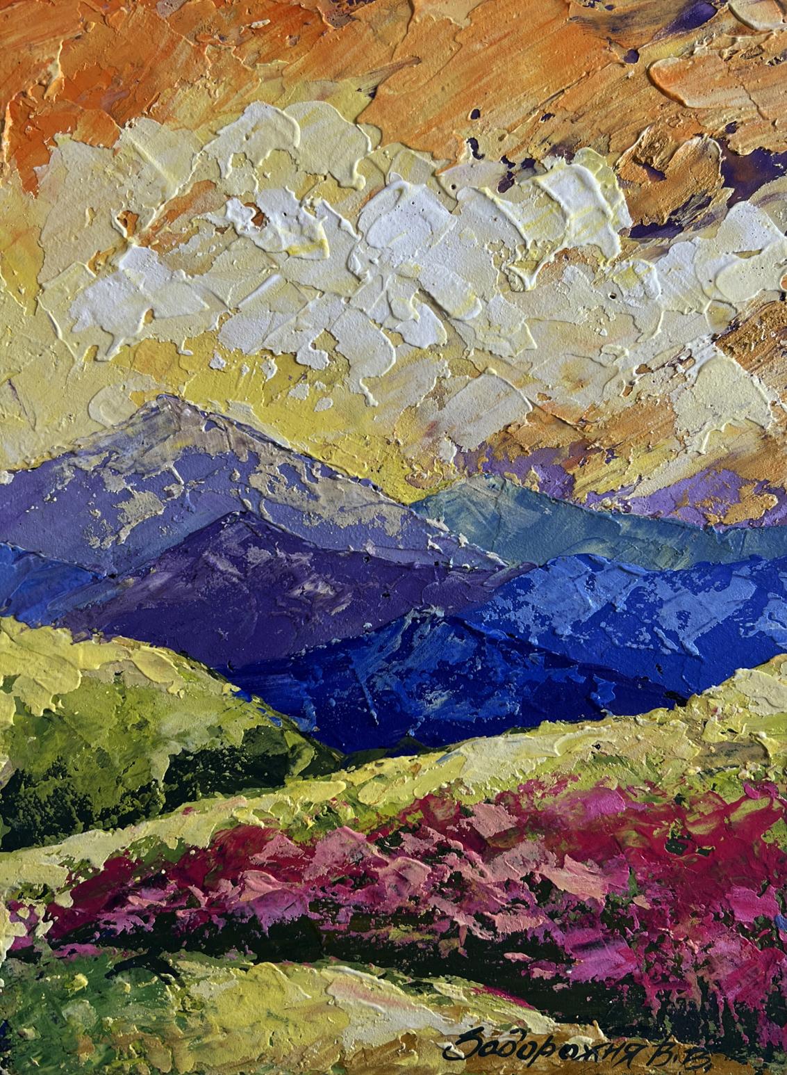 Vibrant impressionist oil painting Yellow clouds in mountain valley by V. Zadorozhnya