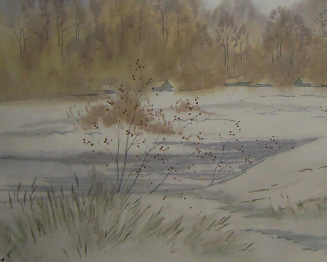 Watercolor painting First snow by Valery Savenets snowy landscape