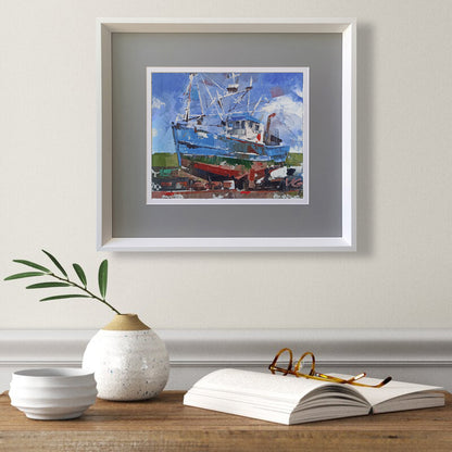 Oil painting by Volodymyr Gluhomanyuk: white-framed ship at sea with blue red boat