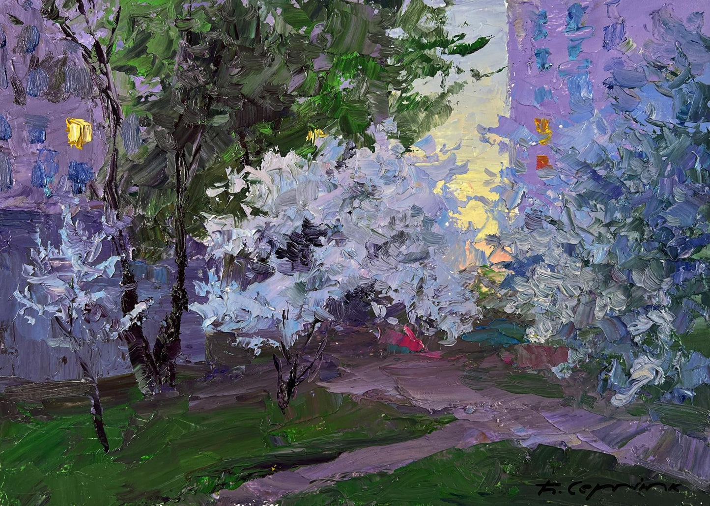 Vibrant impressionist oil painting Spring evening city mood by Boris Serdyuk