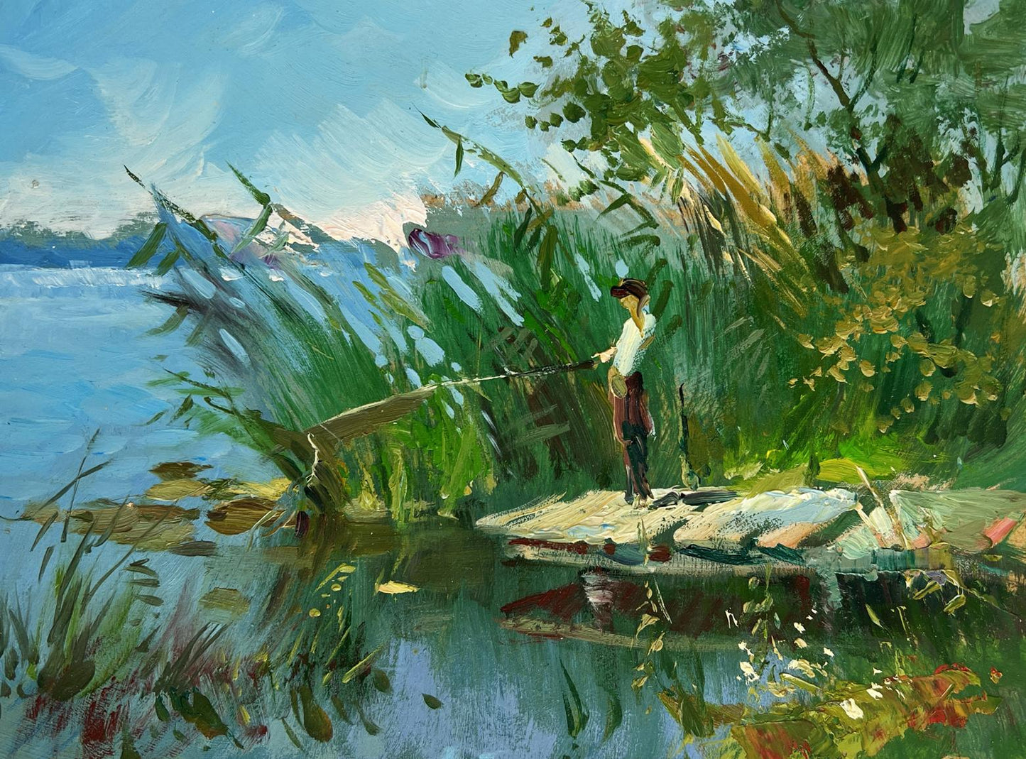 Oil painting of person fishing on dock by Yuriy Suprunchuk