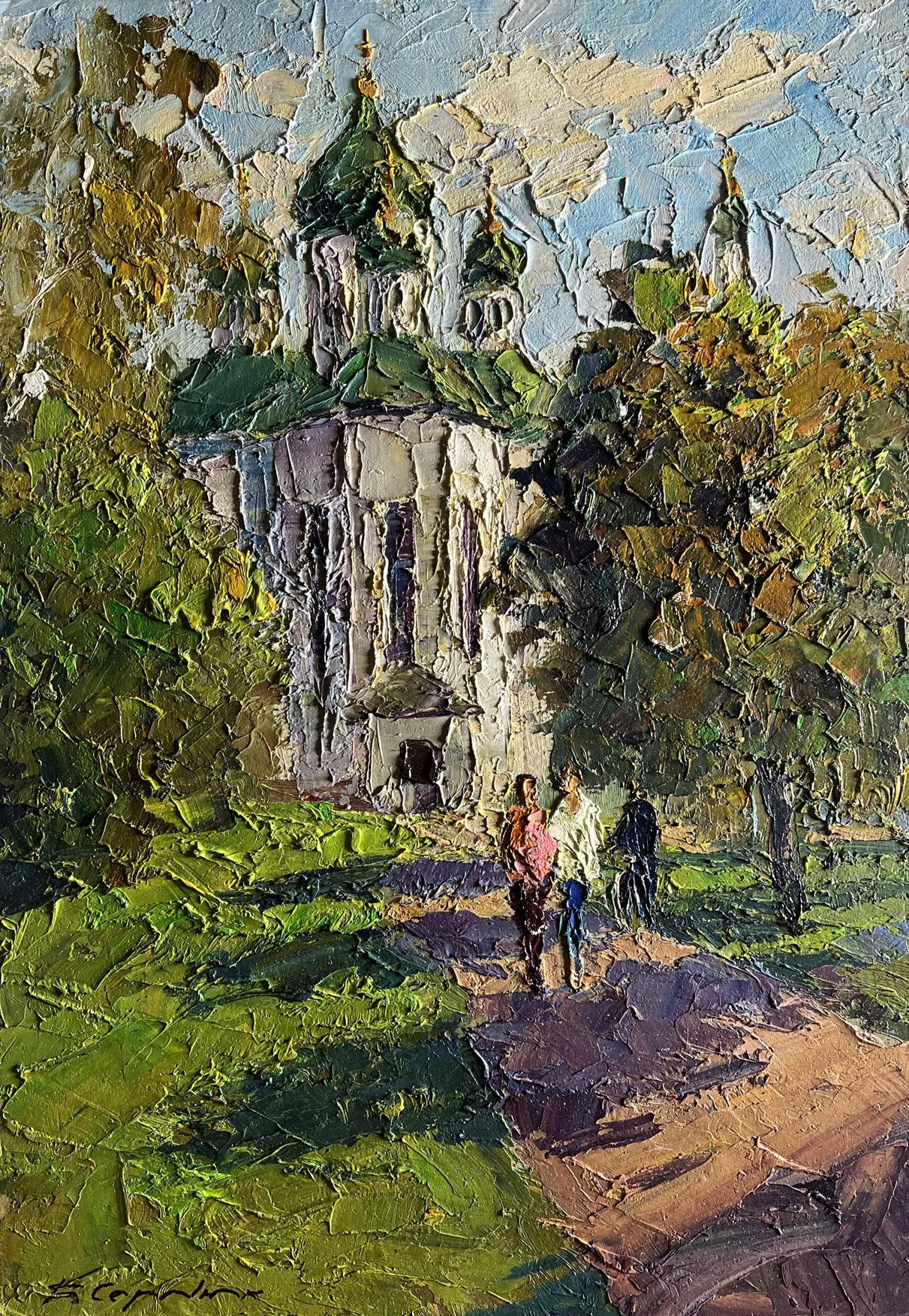 Oil painting Morning near the temple by Boris Serdyuk: church with green domes
