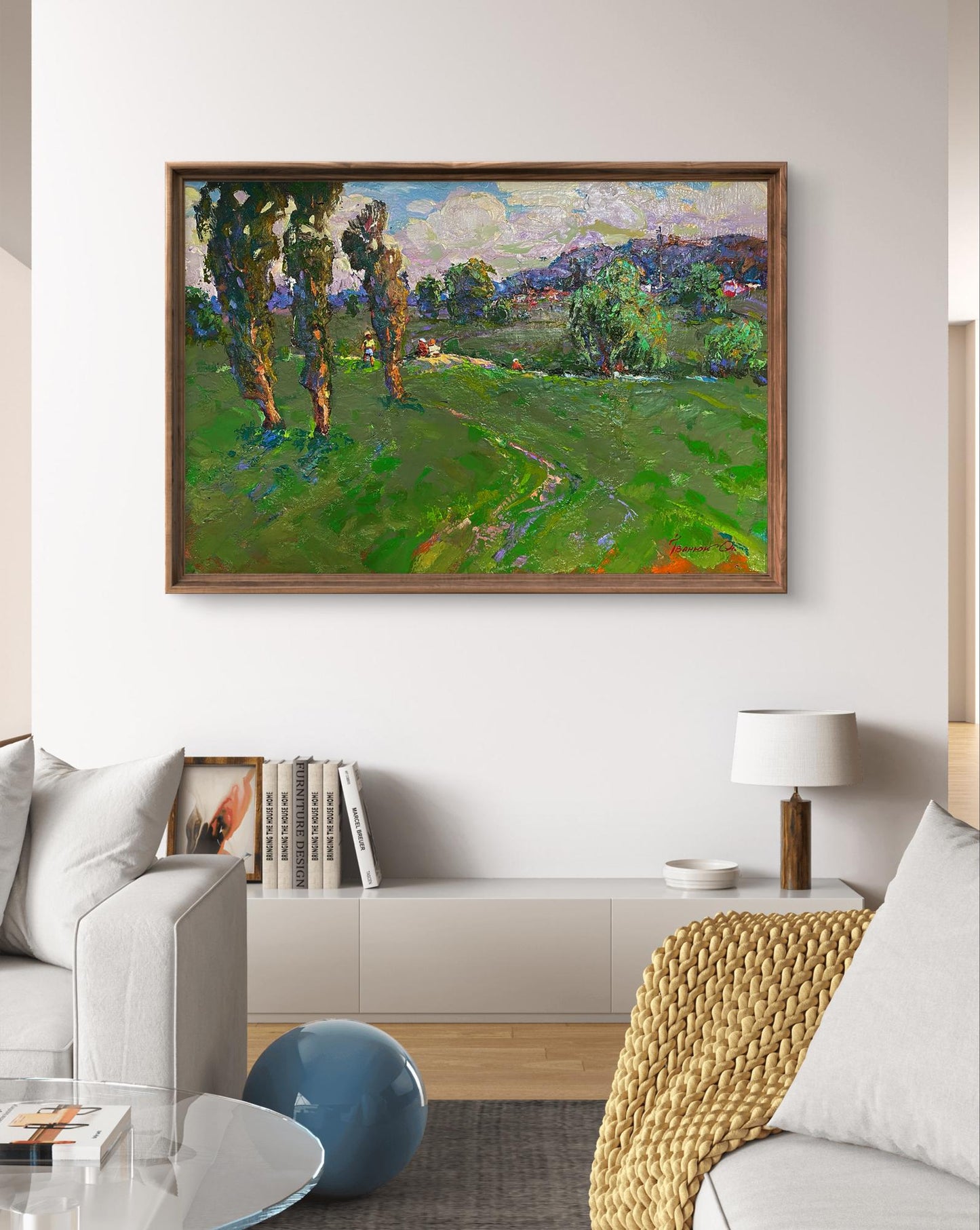 Framed Oil Painting Village Memories by Oleksiy Ivanyuk, vibrant green fields
