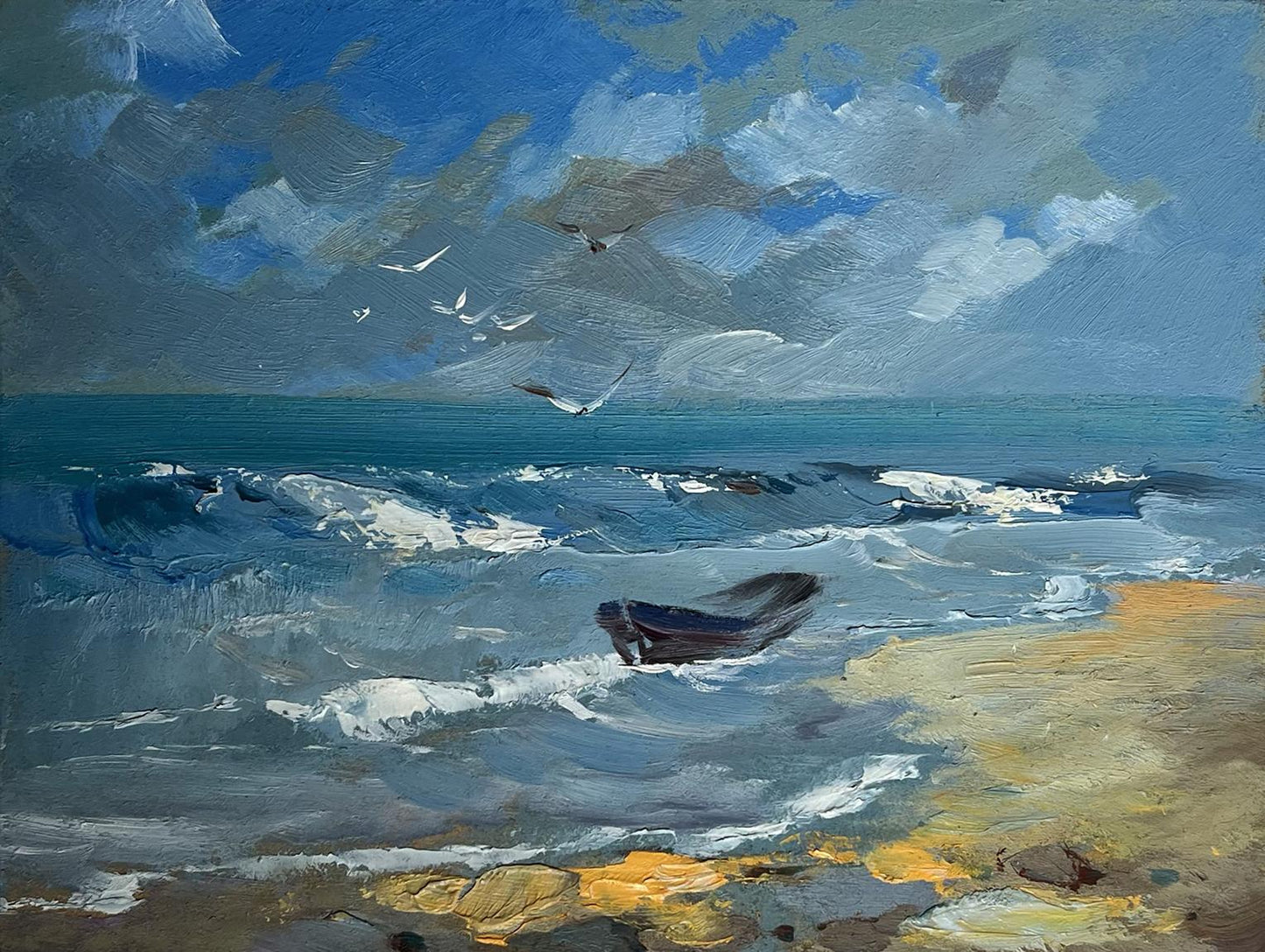 Oil painting by Yuriy Suprunchuk: weathered rowboat in turbulent waves on seashore
