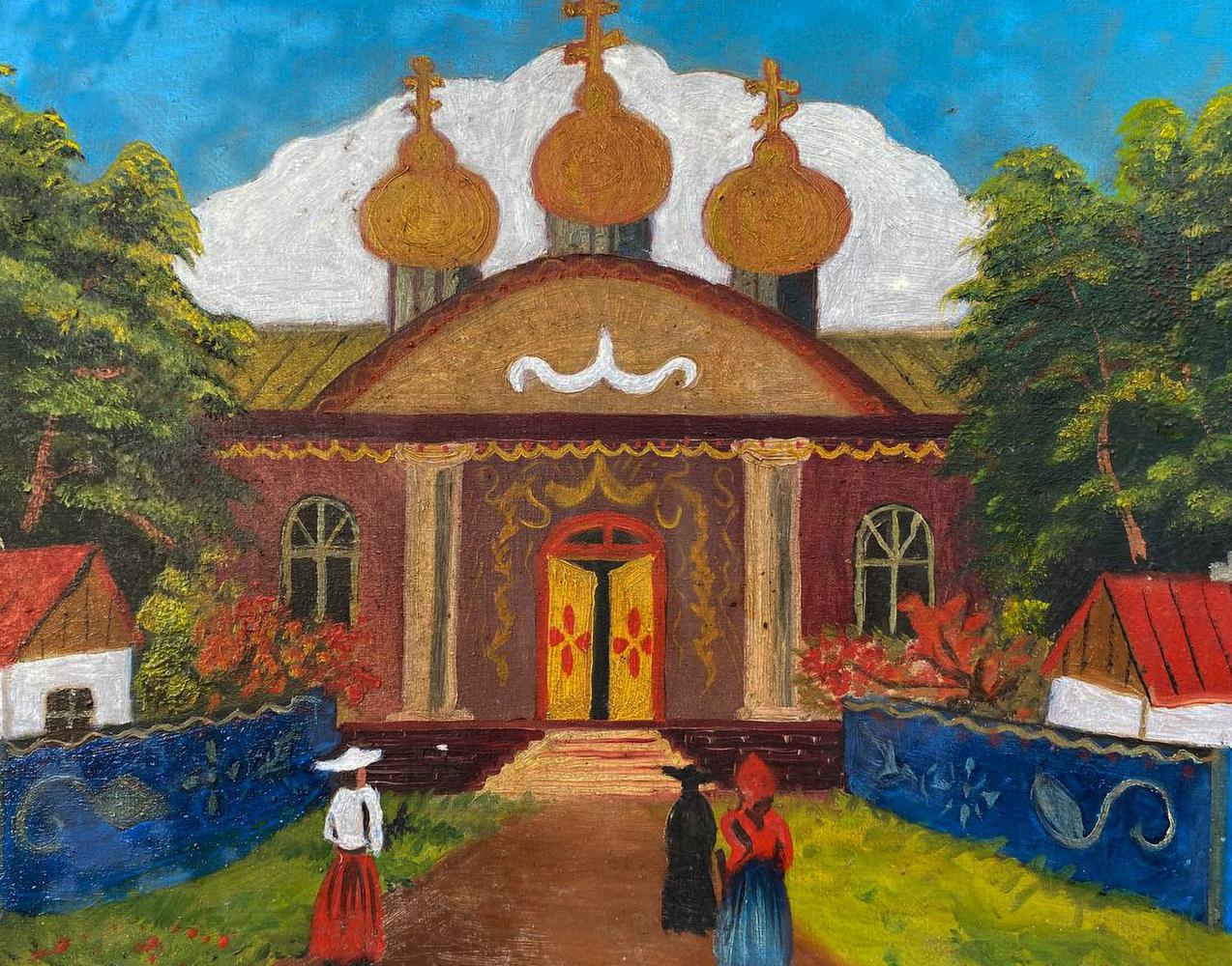 Oil painting of R. Orthodox church with golden onion domes, ladies going to church