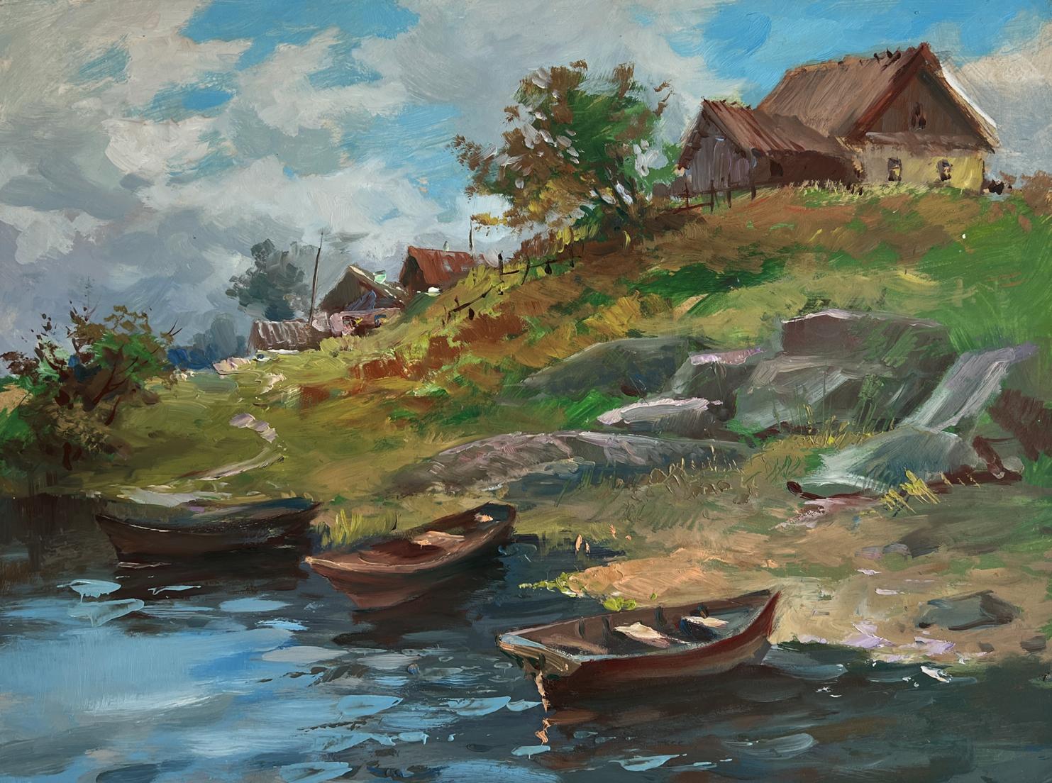 Rustic rowboats in calm river by grassy bank, Yuriy Suprunchuk oil painting