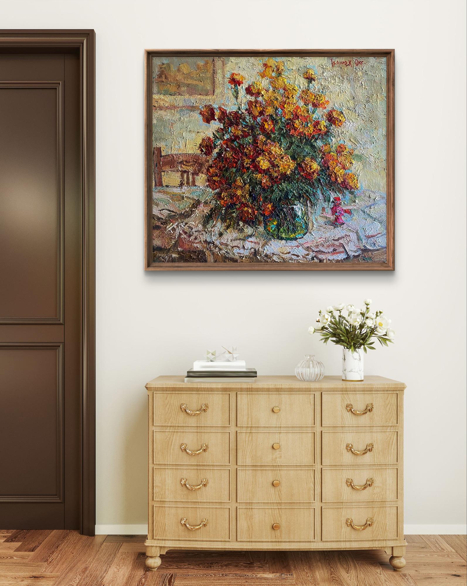 Oil painting Bright marigolds by Oksana Ivanyuk on dresser