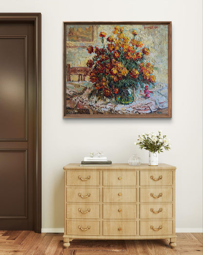 Oil painting Bright marigolds by Oksana Ivanyuk on dresser