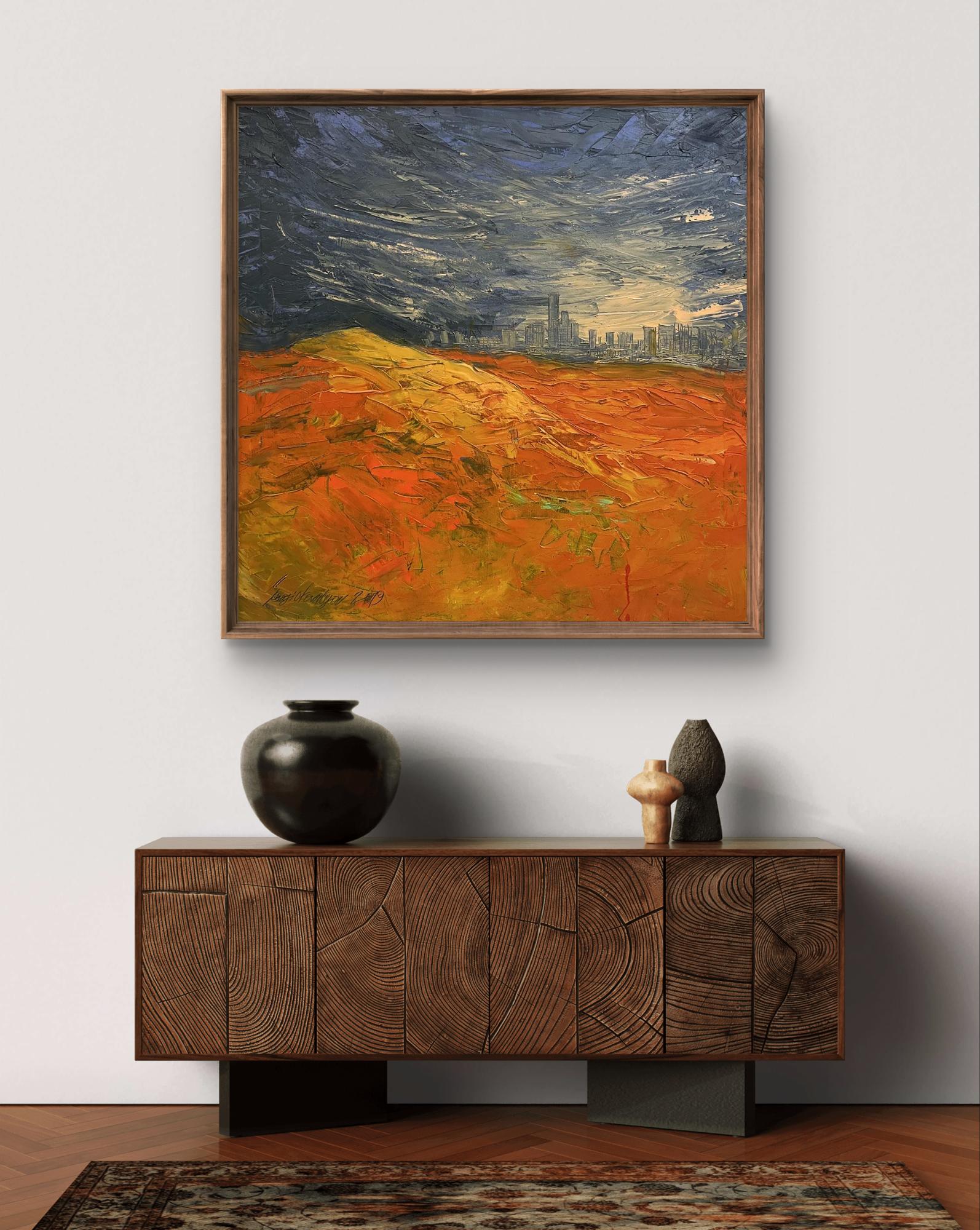 Framed Oil painting Cidade Deserta by Serhiy Kovalev, orange yellow brushstrokes cityscape
