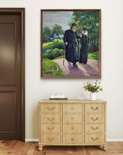 Framed oil painting of two elderly men in robes on wooded path by Boris Serdyuk