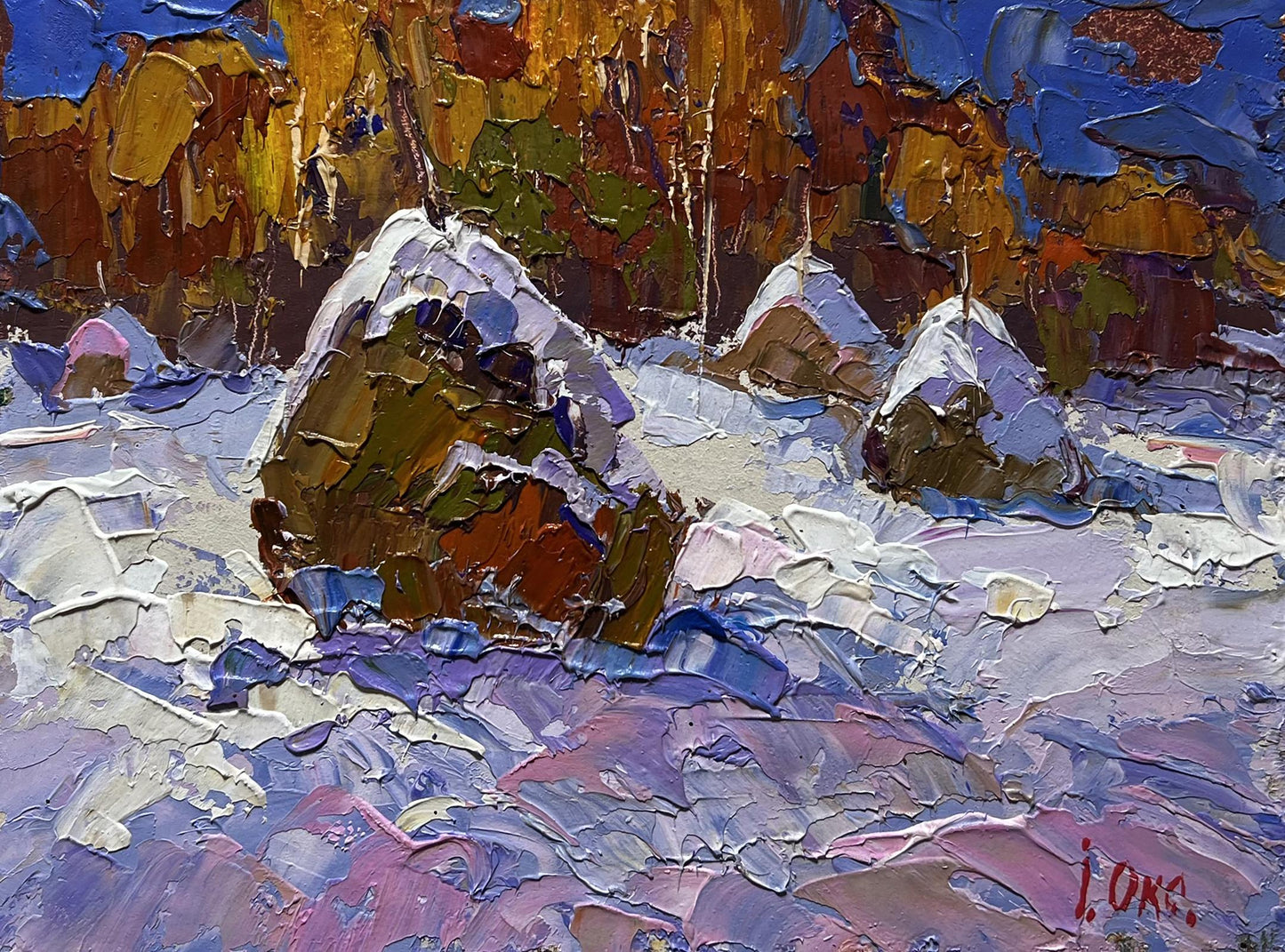 Oil painting Winter night in nature by Oksana Ivanyuk: snowy rocks in impasto
