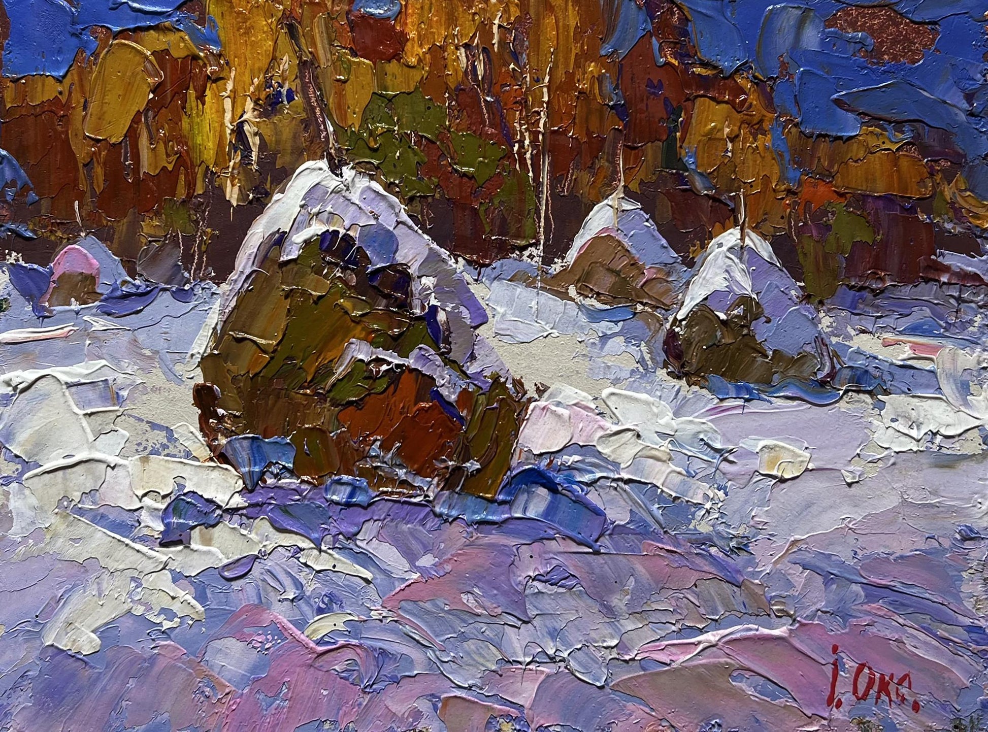 Oil painting Winter night in nature by Oksana Ivanyuk: snowy rocks in impasto