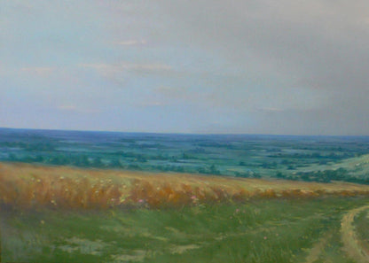 Serene oil painting by Vasily Korkishko: golden wheat field, green hills, white clouds