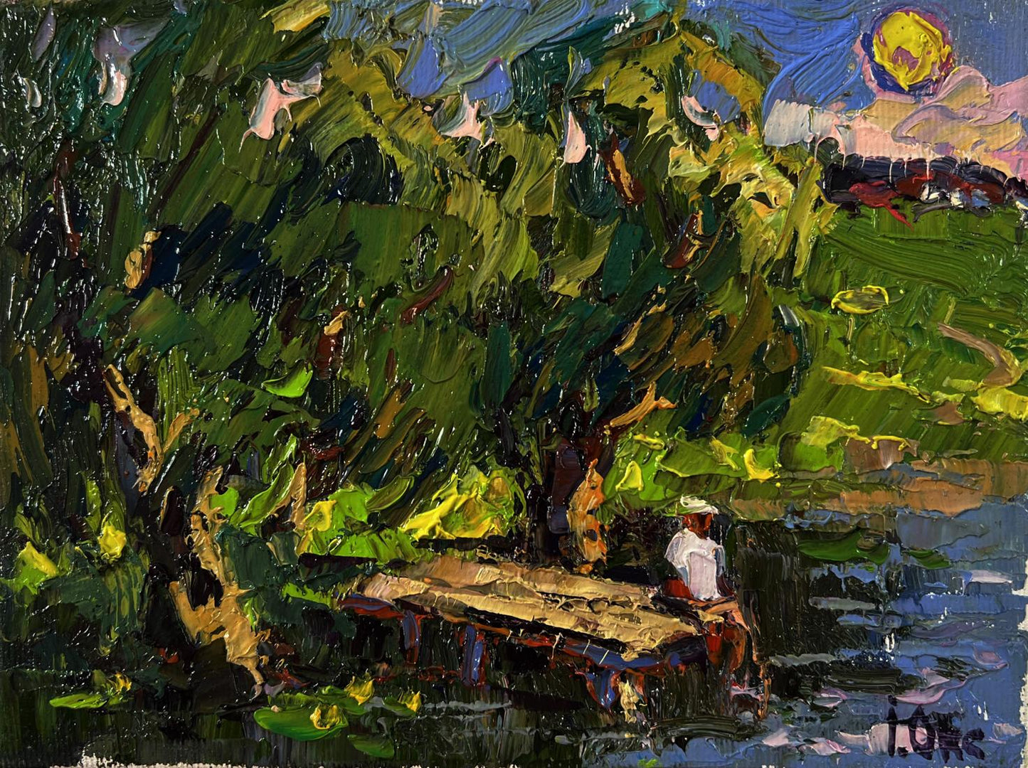 Oil painting of person on weathered dock at sunset by Oksana Ivanyuk