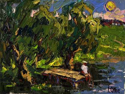 Oil painting of person on weathered dock at sunset by Oksana Ivanyuk