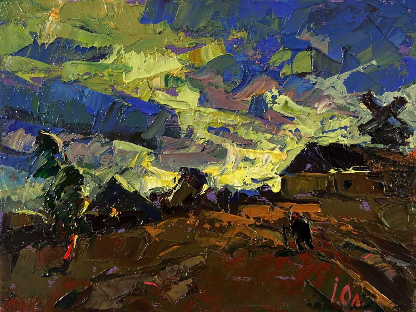 Vibrant impressionist oil painting of colorful village sky by Oleksiy Ivanyuk