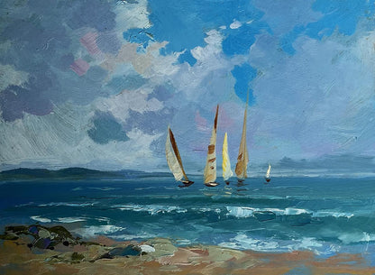 Oil painting of sailboats at sea by Yuriy Suprunchuk