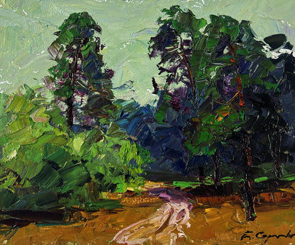 Vibrant impressionist oil painting of lush green forest road by Boris Serdyuk