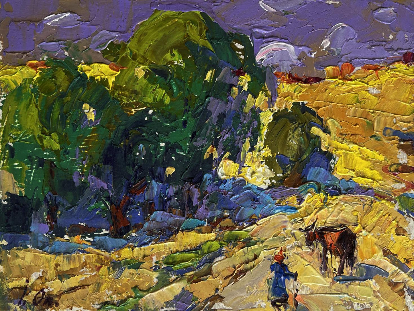 Vibrant impressionist oil painting Walking a cow in a field by Oleksiy Ivanyuk