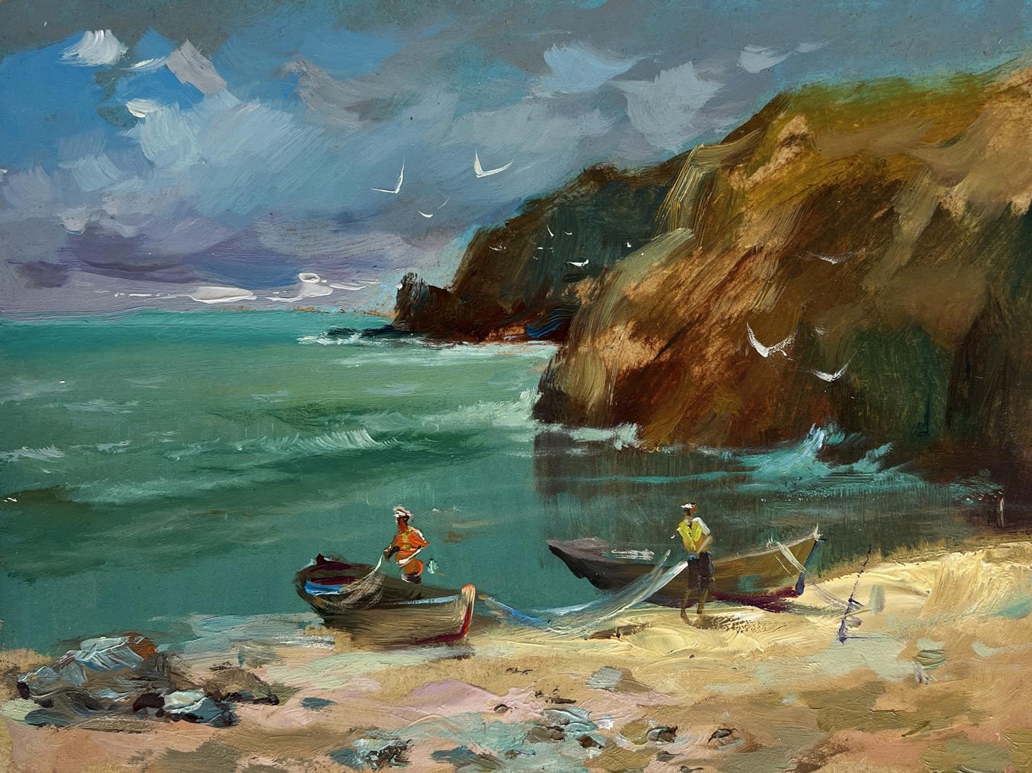 Oil painting Great day to go fishing by Yuriy Suprunchuk: fishermen on beach
