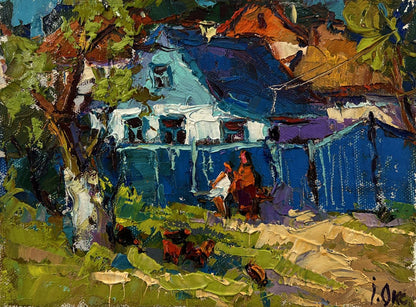 Oil painting Near the village yard by Oksana Ivanyuk: rustic house with blue walls and greenery