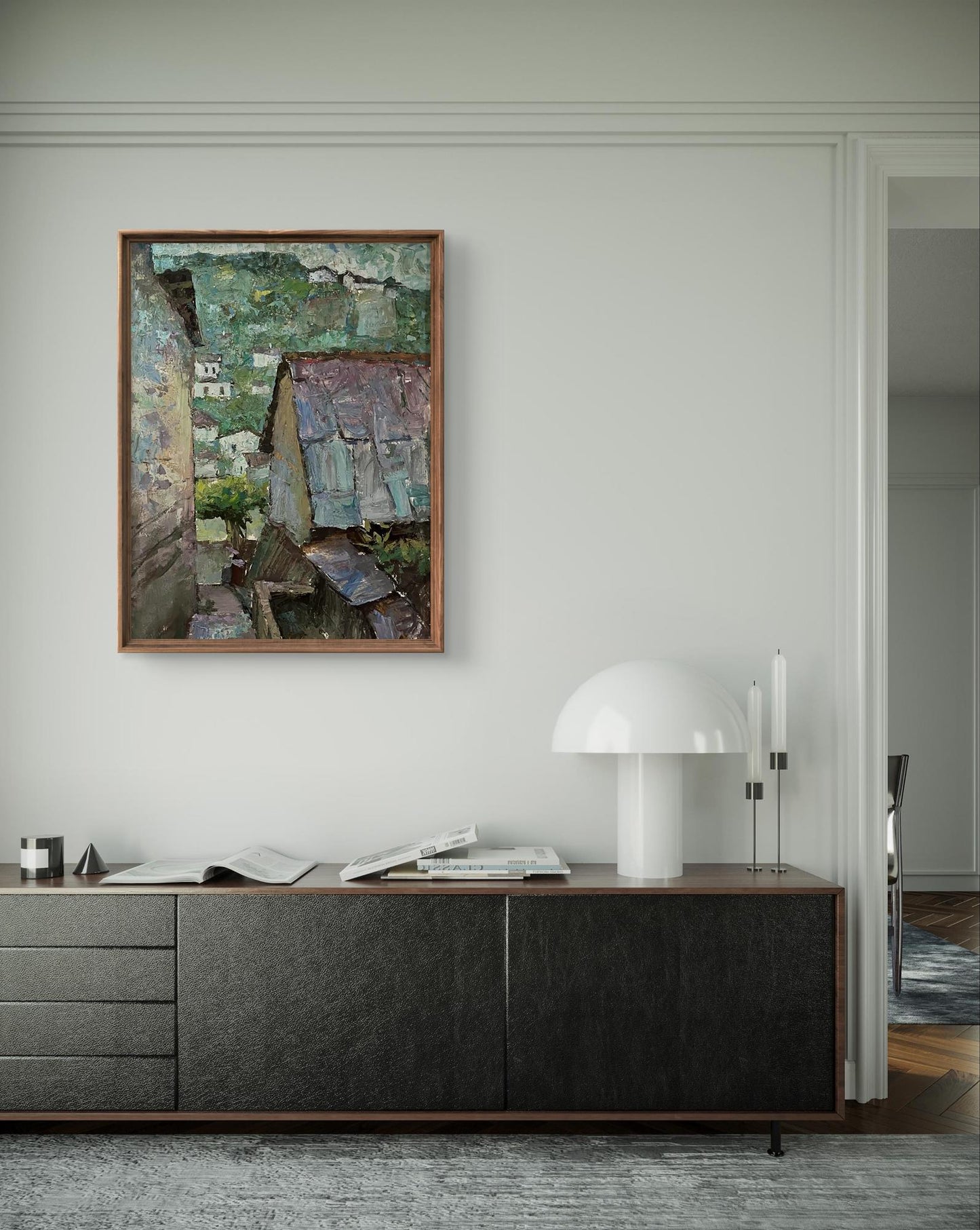 Oil painting Roofs of houses by Oleksandr Andreev in wooden frame