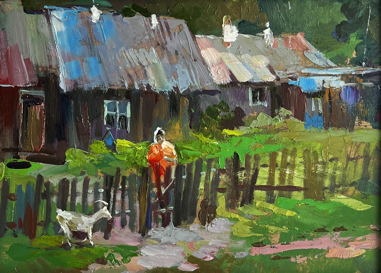 Oil painting by Yuriy Suprunchuk: rustic wooden fence in country courtyard
