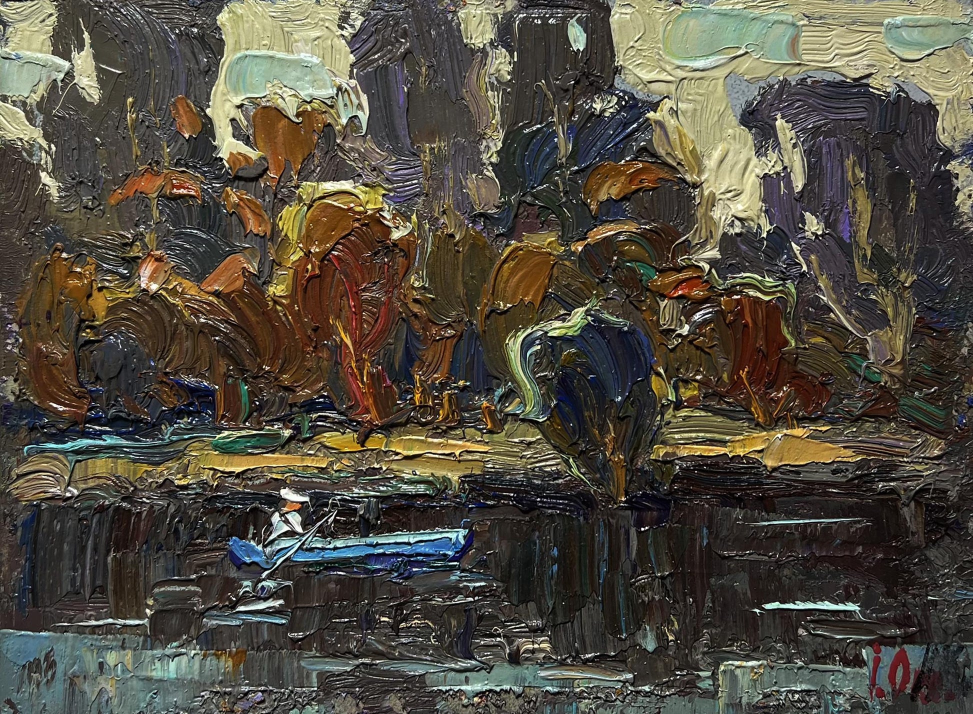 Impressionistic oil painting of lone figure in blue boat on dark river by Oleksiy Ivanyuk