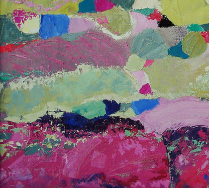 Vibrant oil painting of lavender fields by Tatyana Shulyak in pink blue green yellow