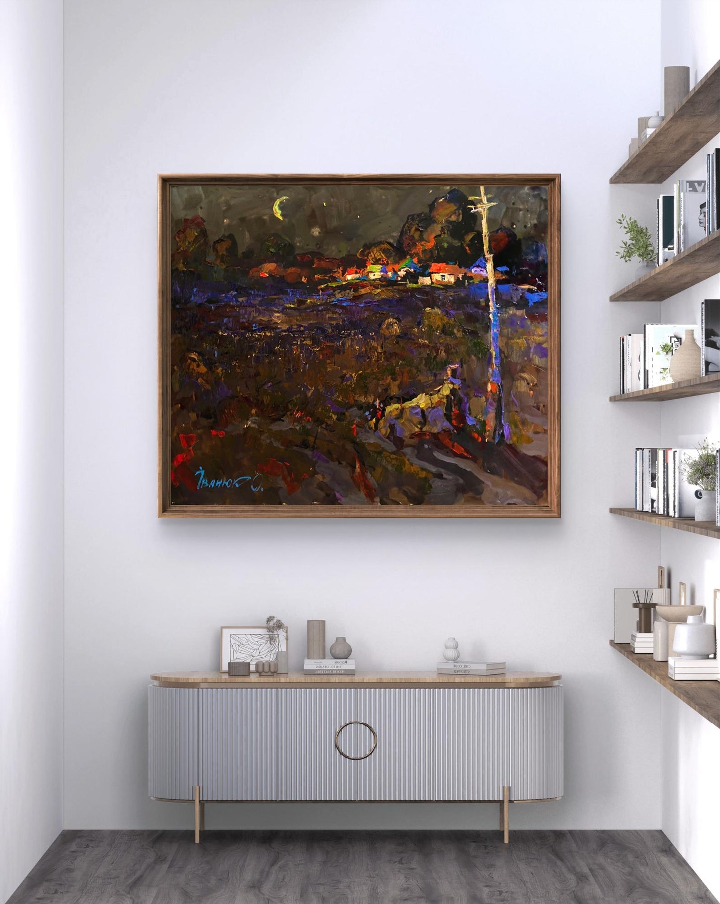 Framed oil painting Moonlit Night by Oleksiy Ivanyuk with vibrant purple blue orange brushstrokes