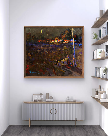 Framed oil painting Moonlit Night by Oleksiy Ivanyuk with vibrant purple blue orange brushstrokes
