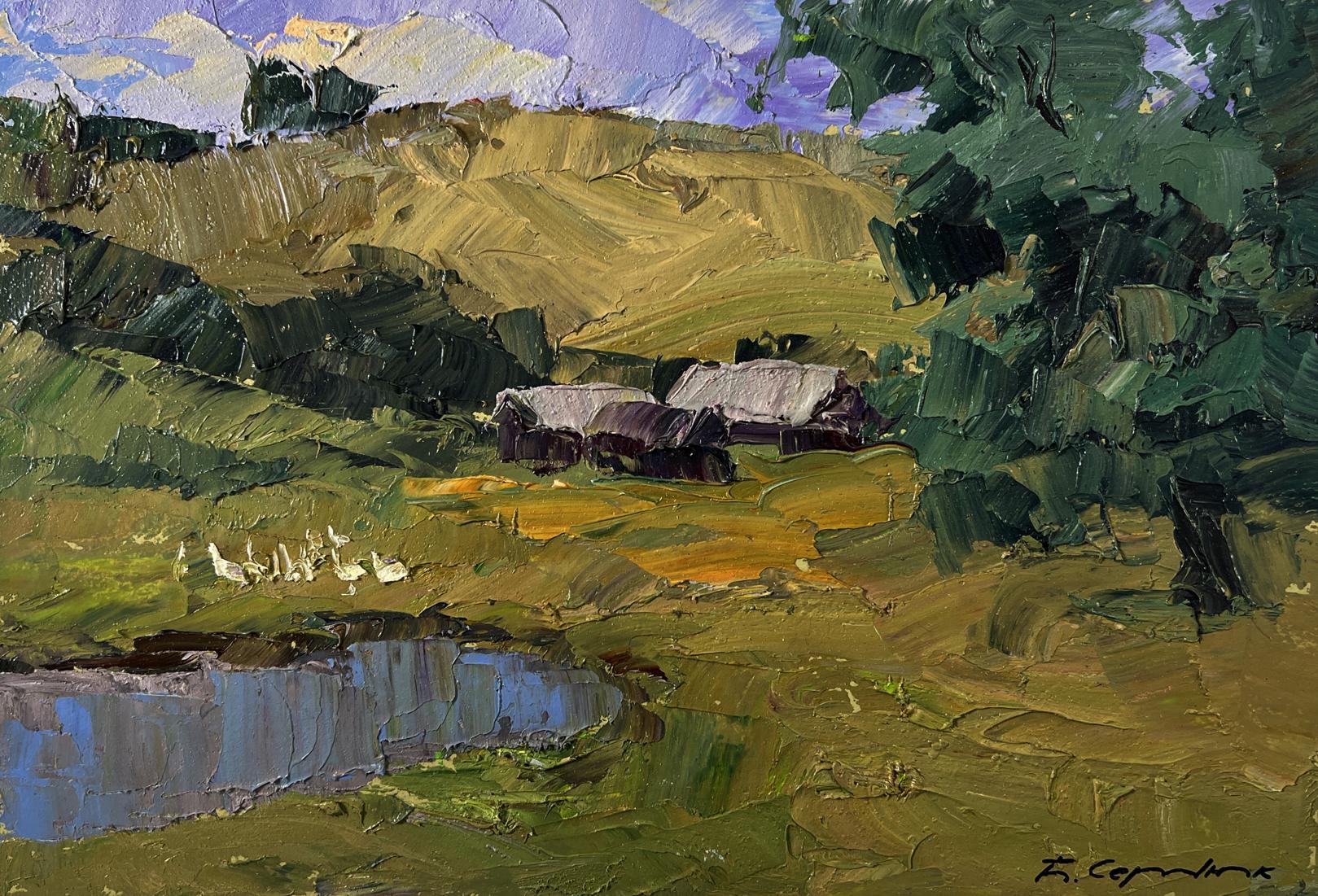 Impressionistic oil painting by Boris Serdyuk of mountainous rural hills and trees