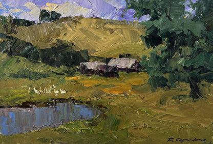 Impressionistic oil painting by Boris Serdyuk of mountainous rural hills and trees