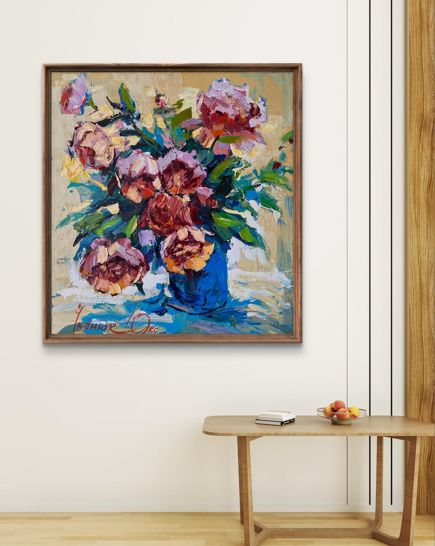 Vibrant impressionist oil painting of peony bouquet in blue vase by Oksana Ivanyuk