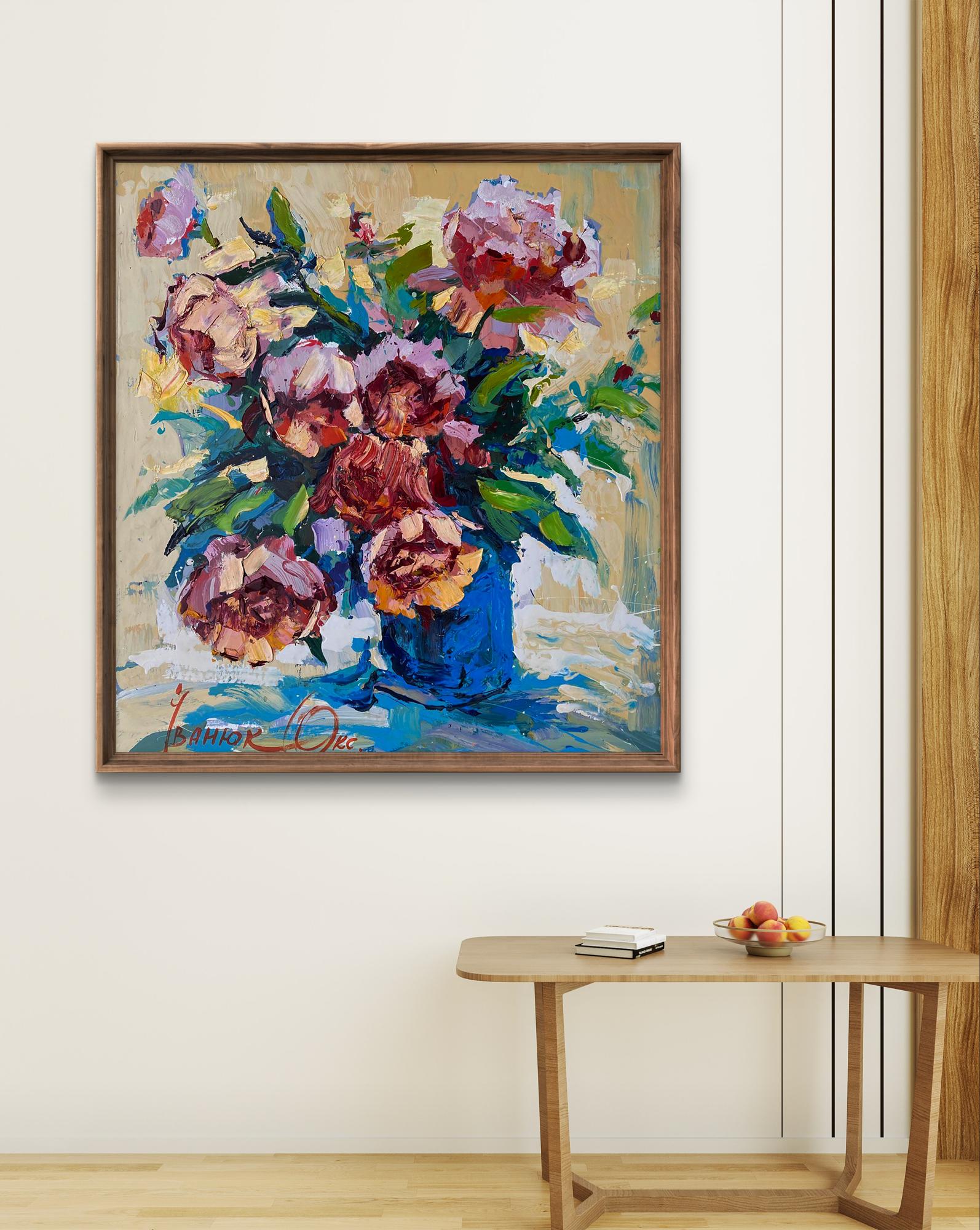 Vibrant impressionist oil painting of peony bouquet in blue vase by Oksana Ivanyuk