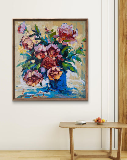 Vibrant impressionist oil painting of peony bouquet in blue vase by Oksana Ivanyuk