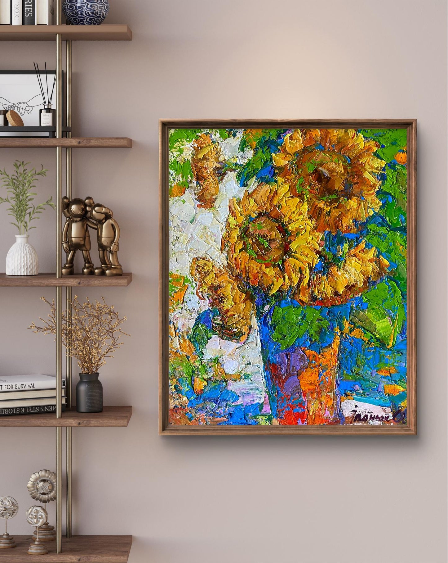 Vibrant impressionist oil painting of sunflowers in colorful vase by Oleksiy Ivanyuk