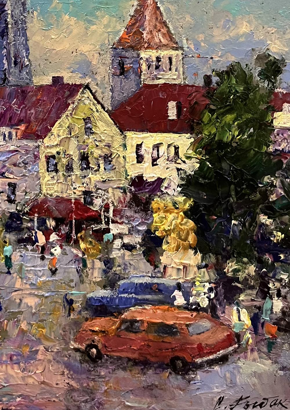 Vibrant impressionist oil painting of busy Serhiy Rybak city street square
