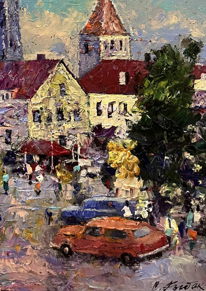 Vibrant impressionist oil painting of busy Serhiy Rybak city street square