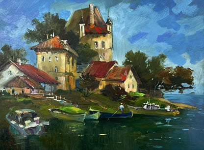 Vibrant oil painting of village boat dock by Yuriy Suprunchuk