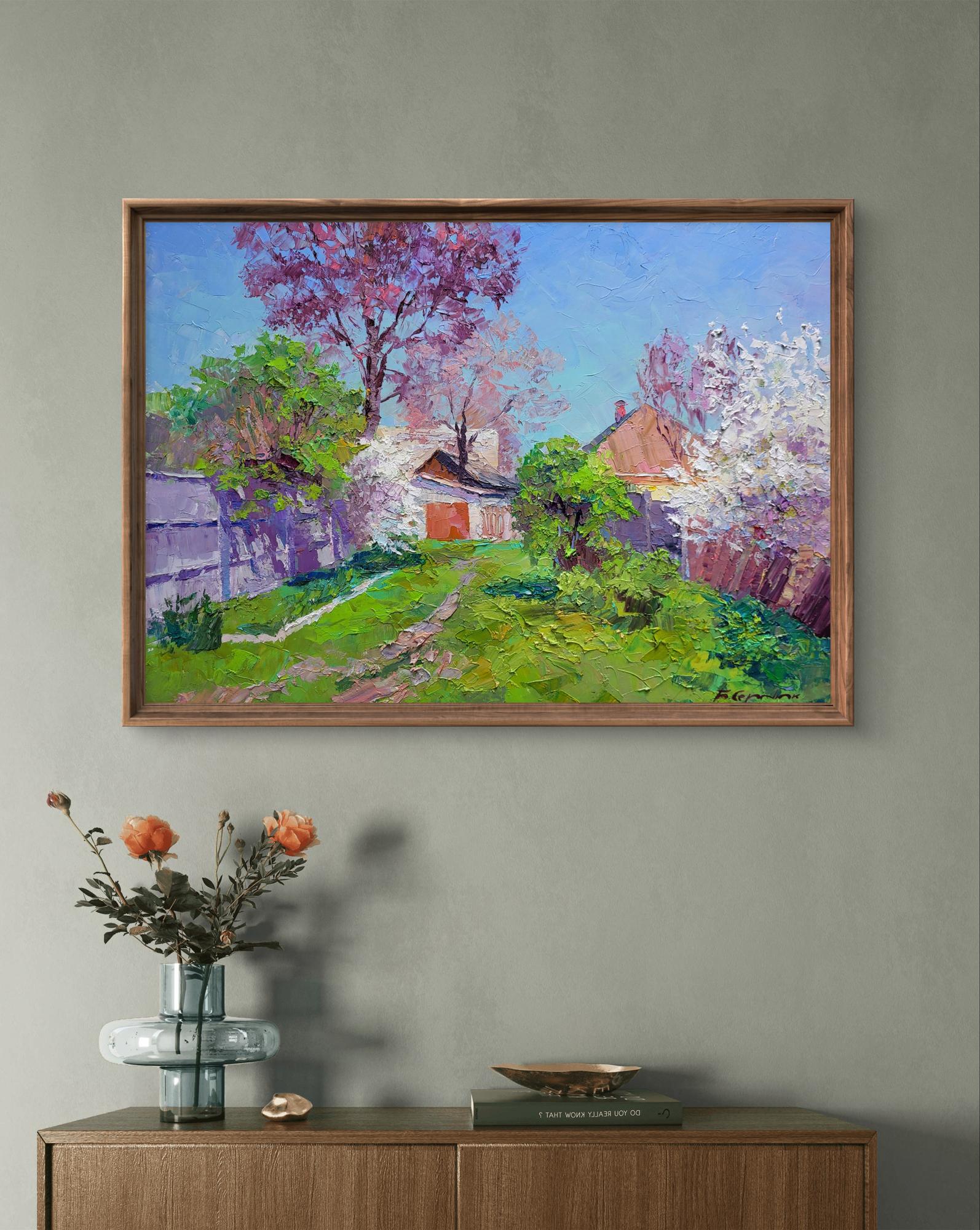 Oil painting Flowering garden by Boris Serdyuk: vibrant village scene