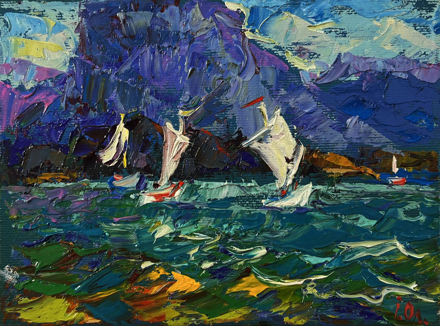 Vibrant impressionist oil painting of sailboats on choppy teal waters by Oleksiy Ivanyuk