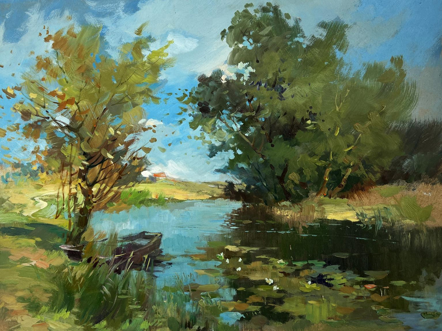 Serene impressionistic oil painting by Yuriy Suprunchuk of secluded riverbank with boat