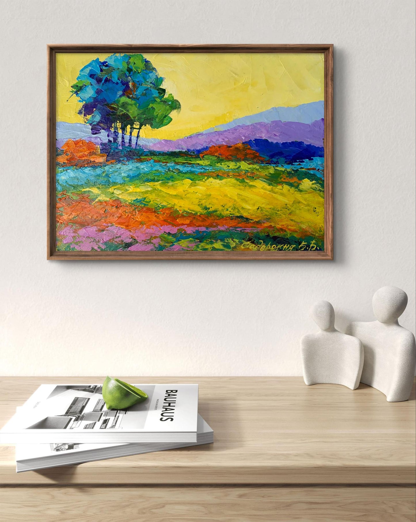 Oil painting Sunset is approaching V. Zadorozhnya vibrant abstract landscape in wooden frame