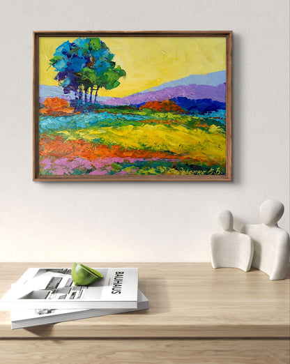 Oil painting Sunset is approaching V. Zadorozhnya vibrant abstract landscape in wooden frame