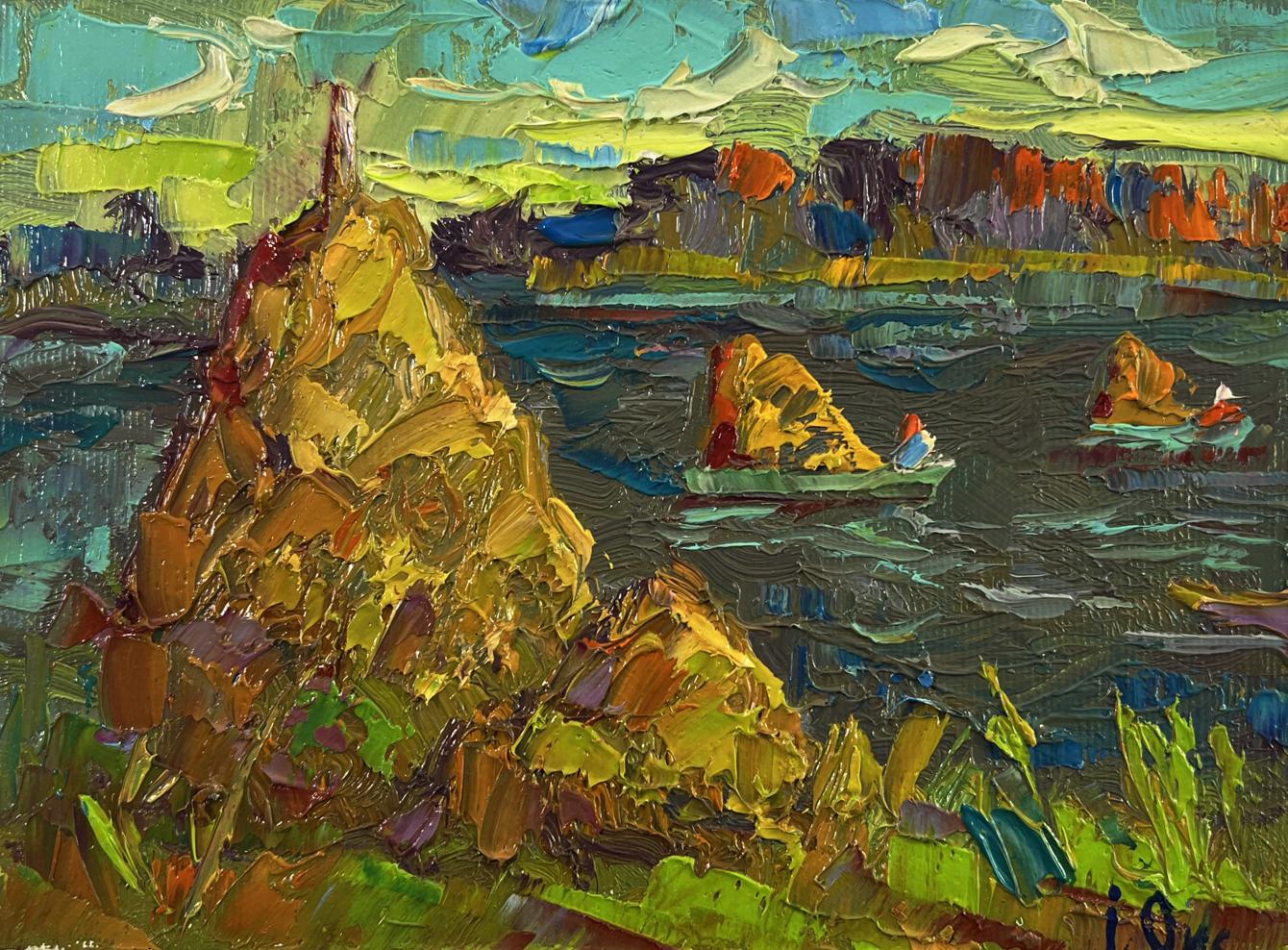 Vibrant impressionist oil painting by Oksana Ivanyuk of hay transport across river