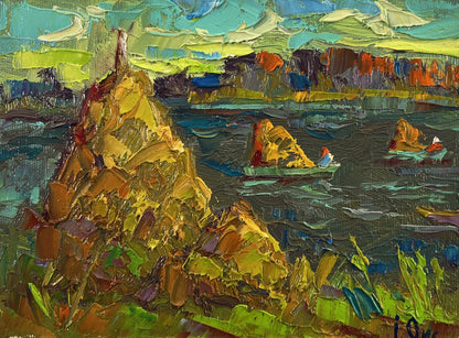 Vibrant impressionist oil painting by Oksana Ivanyuk of hay transport across river