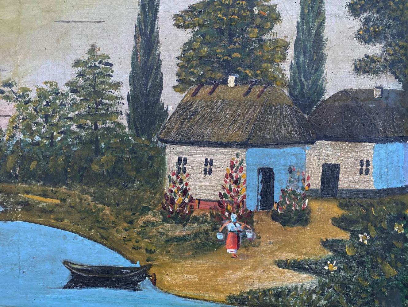 Oil painting of rustic village cottages with buckets to house